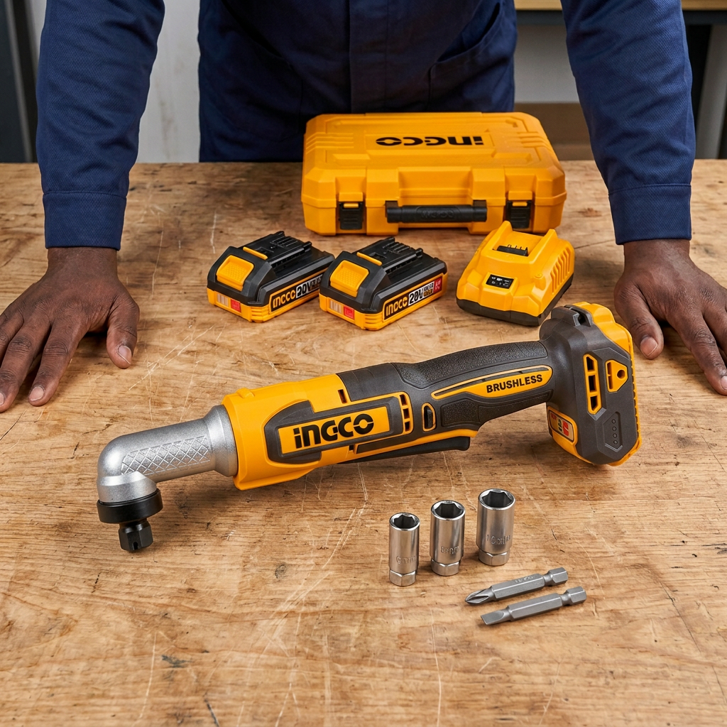 Technician preparing the Ingco right-angle impact tool kit