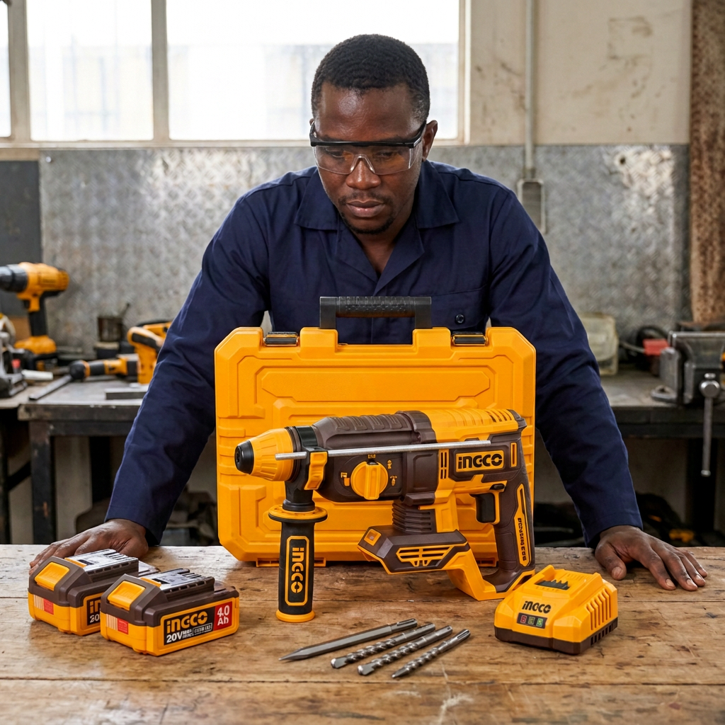 Technician preparing the rotary hammer kit
