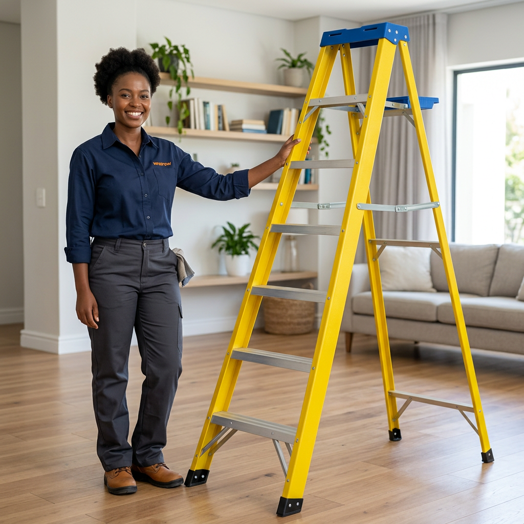 Technician preparing the Wadfow fibreglass ladder for home maintenance