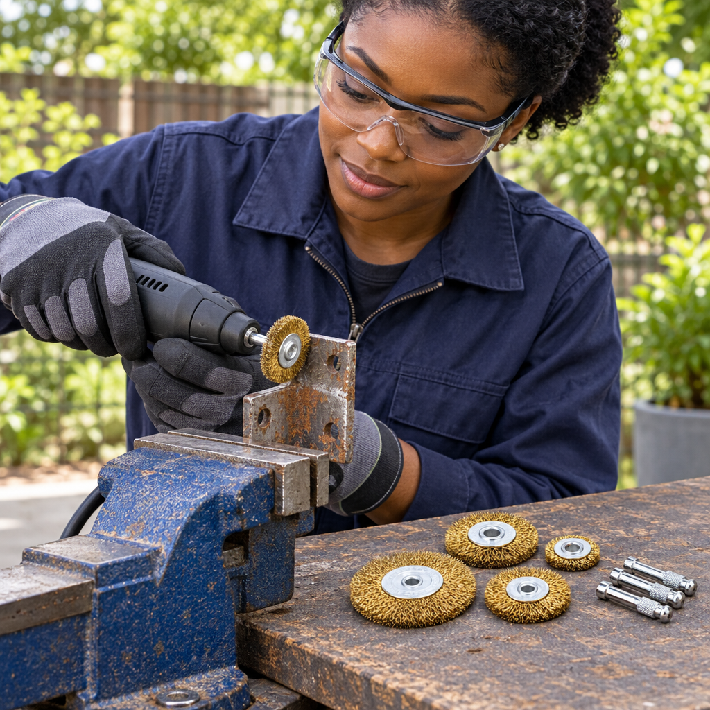 Technician using a mounted wire-brush wheel