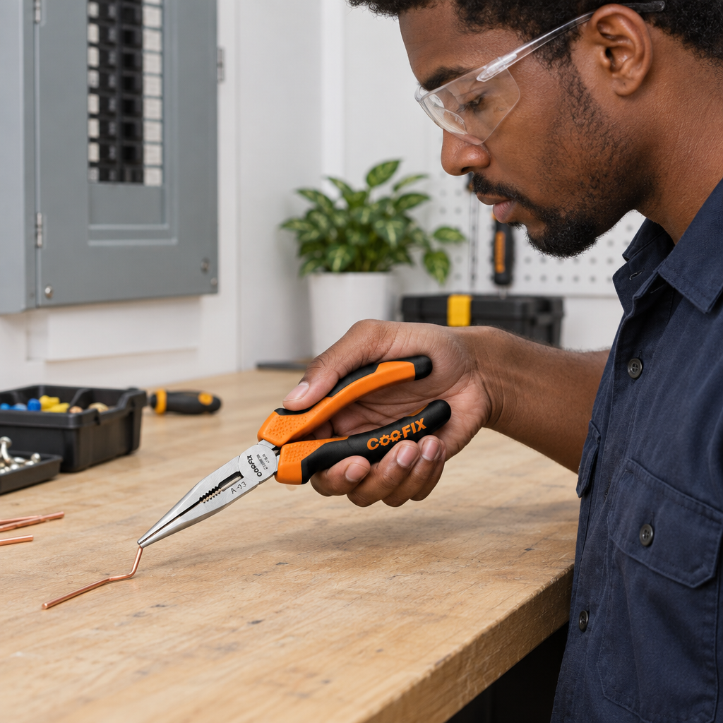 Technician using Coofix long-nose pliers with one hand visible