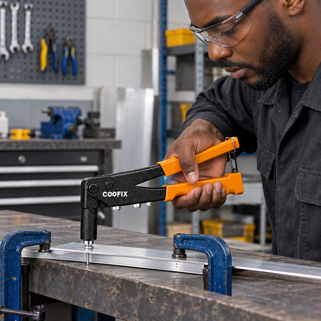 Technician using the Coofix hand riveter on metal sheets