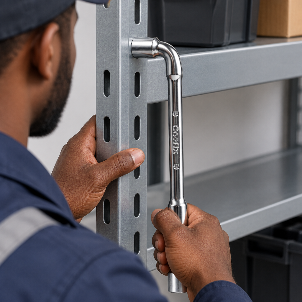 Technician using the Coofix socket wrench seated against a shelf fastener