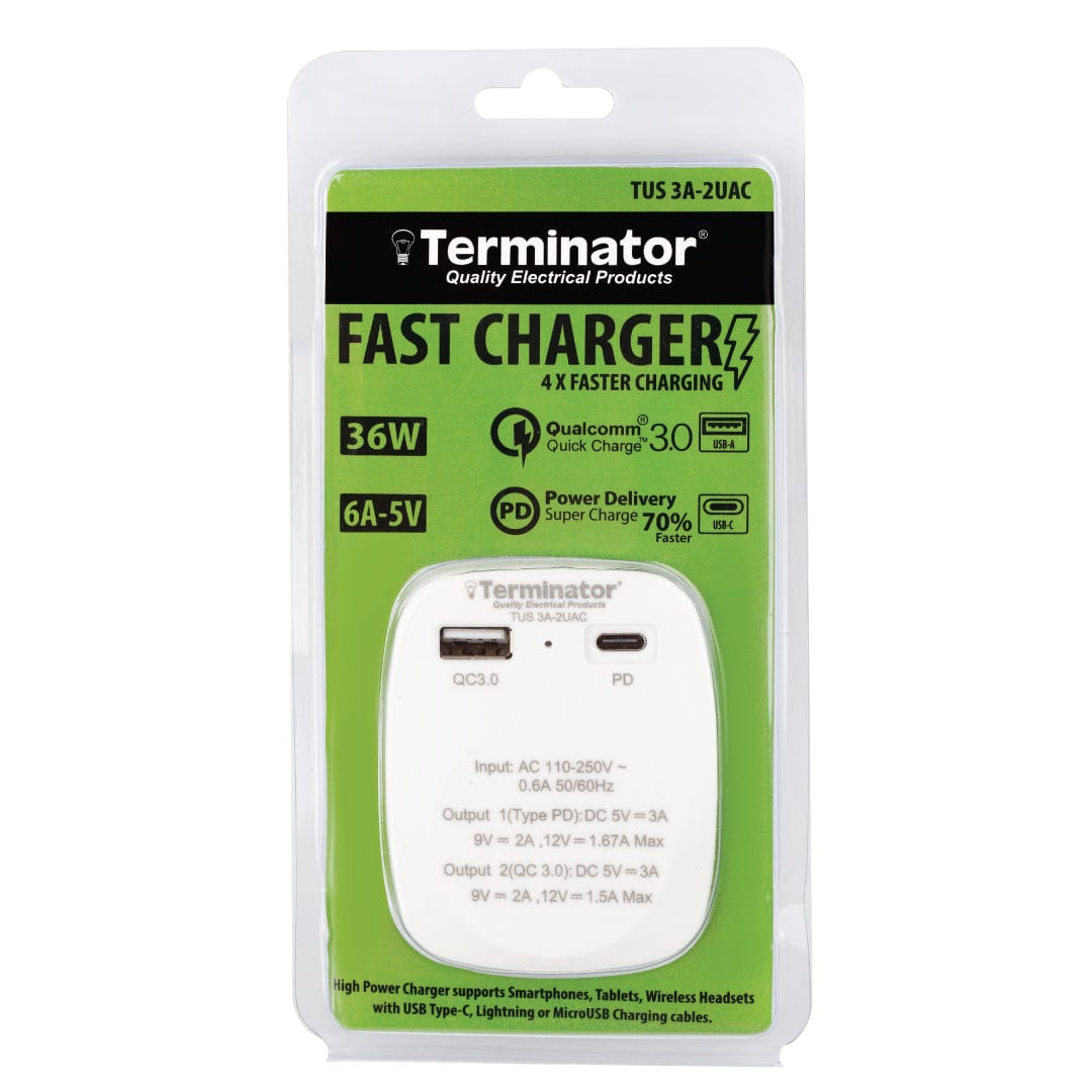 Terminator Power Management & Protection Terminator 2 Port A&C Type USB Fast Charger 38W - TUS 3A-2UAC