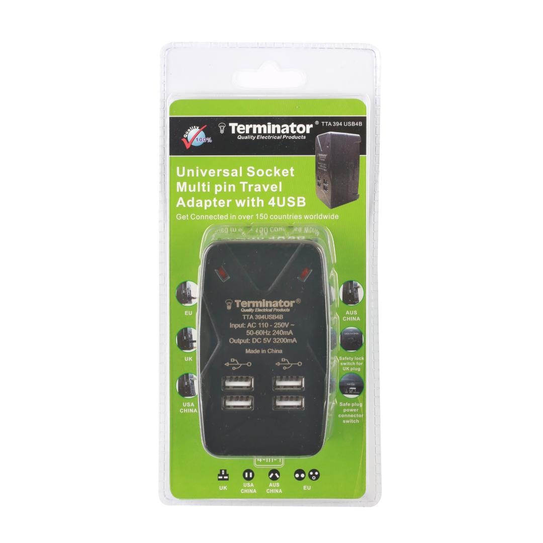 Terminator Power Management & Protection Terminator Universal Multi Adaptor With 4 USB - TTA 394 USB4B