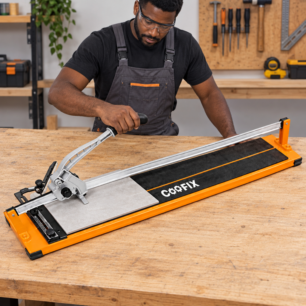 Tiler preparing a tile on the second Coofix manual tile cutter