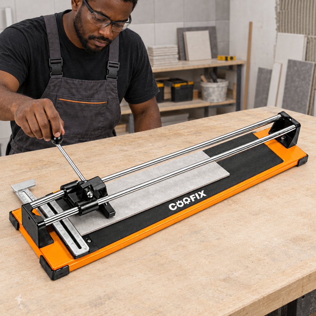 Tiler setting up the first Coofix tile cutter with its original guide and lever design