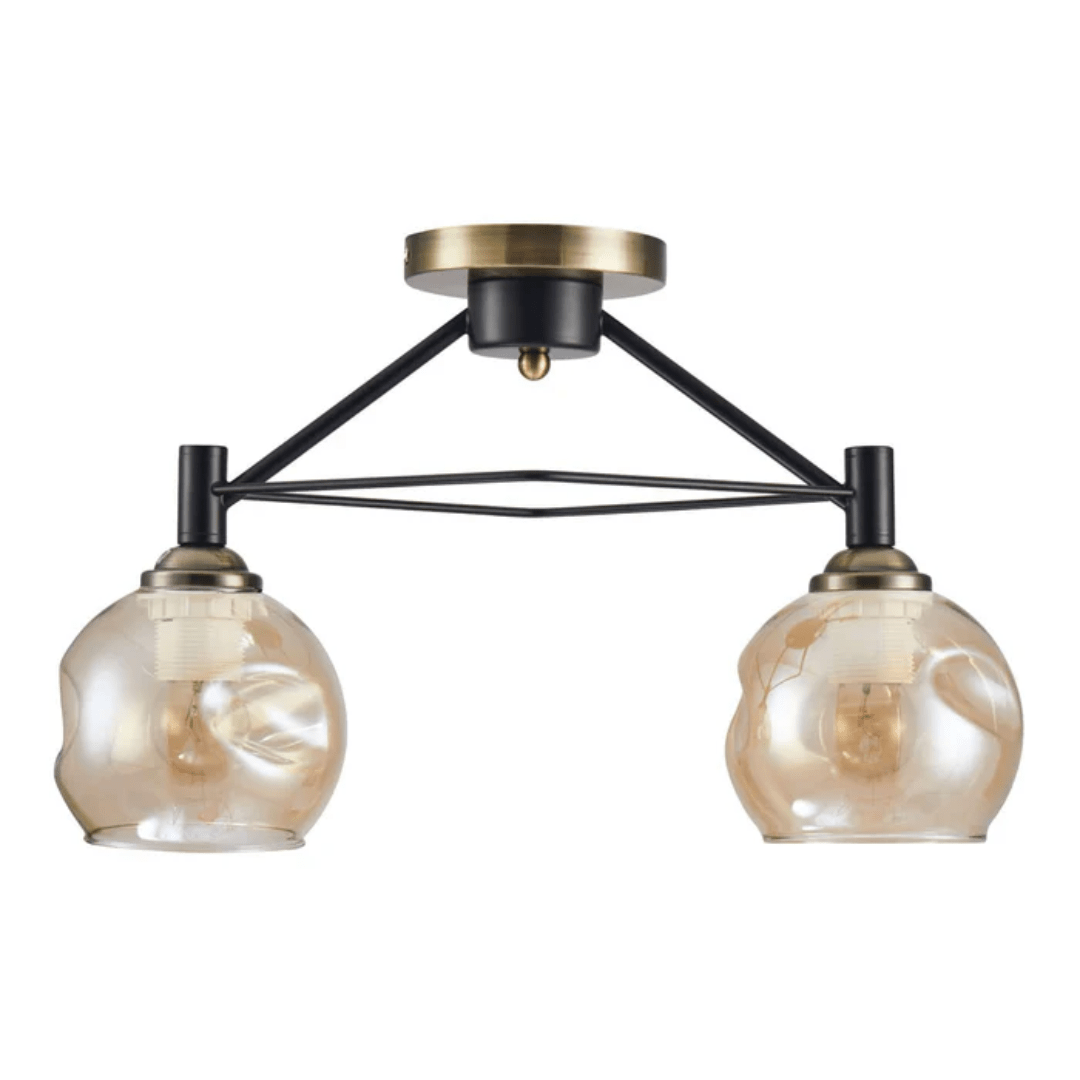 TKLD Ceiling Lights Amber 2 Lamp Dimpled Bell Glass Black Metal Semi Flush Ceiling Light - 60W