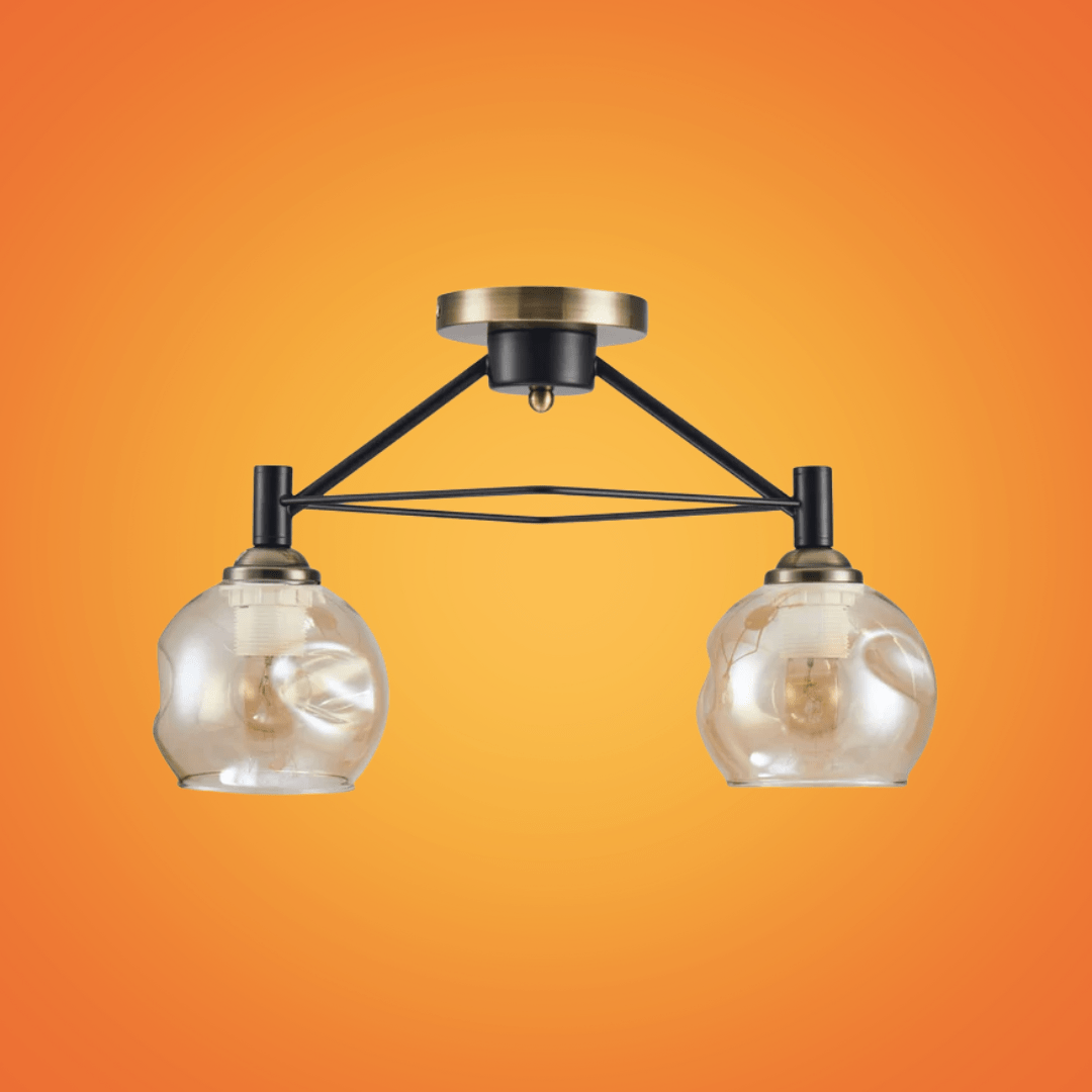TKLD Ceiling Lights Amber 2 Lamp Dimpled Bell Glass Black Metal Semi Flush Ceiling Light - 60W