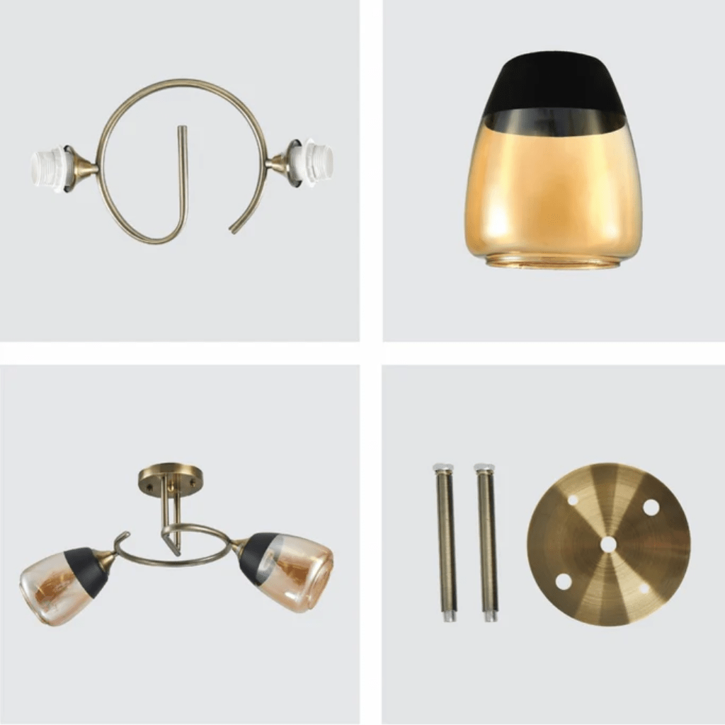 TKLD Ceiling Lights Amber 2 Lamps Black Bell Glass Antique Brass Metal Spiral Semi Flush Ceiling Light