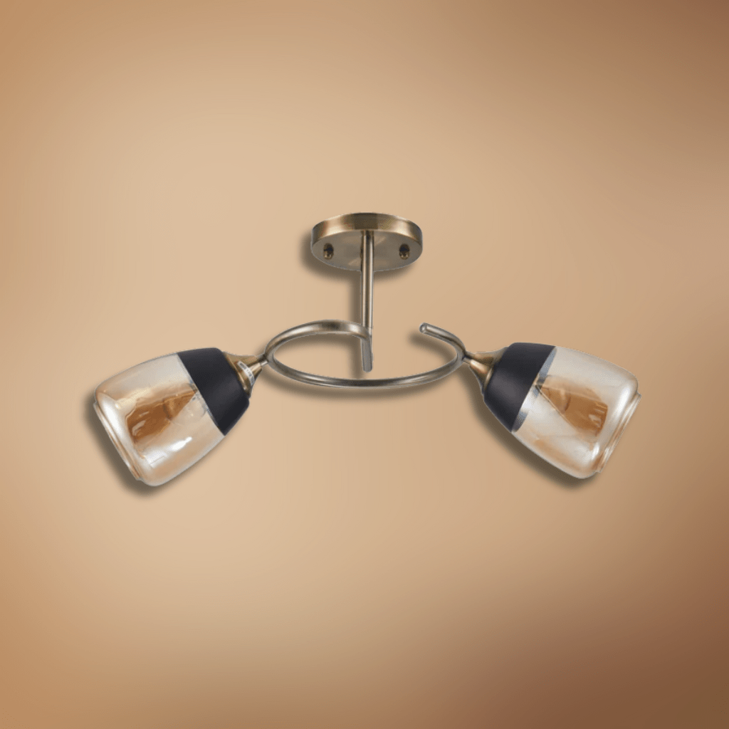 TKLD Ceiling Lights Amber 2 Lamps Black Bell Glass Antique Brass Metal Spiral Semi Flush Ceiling Light