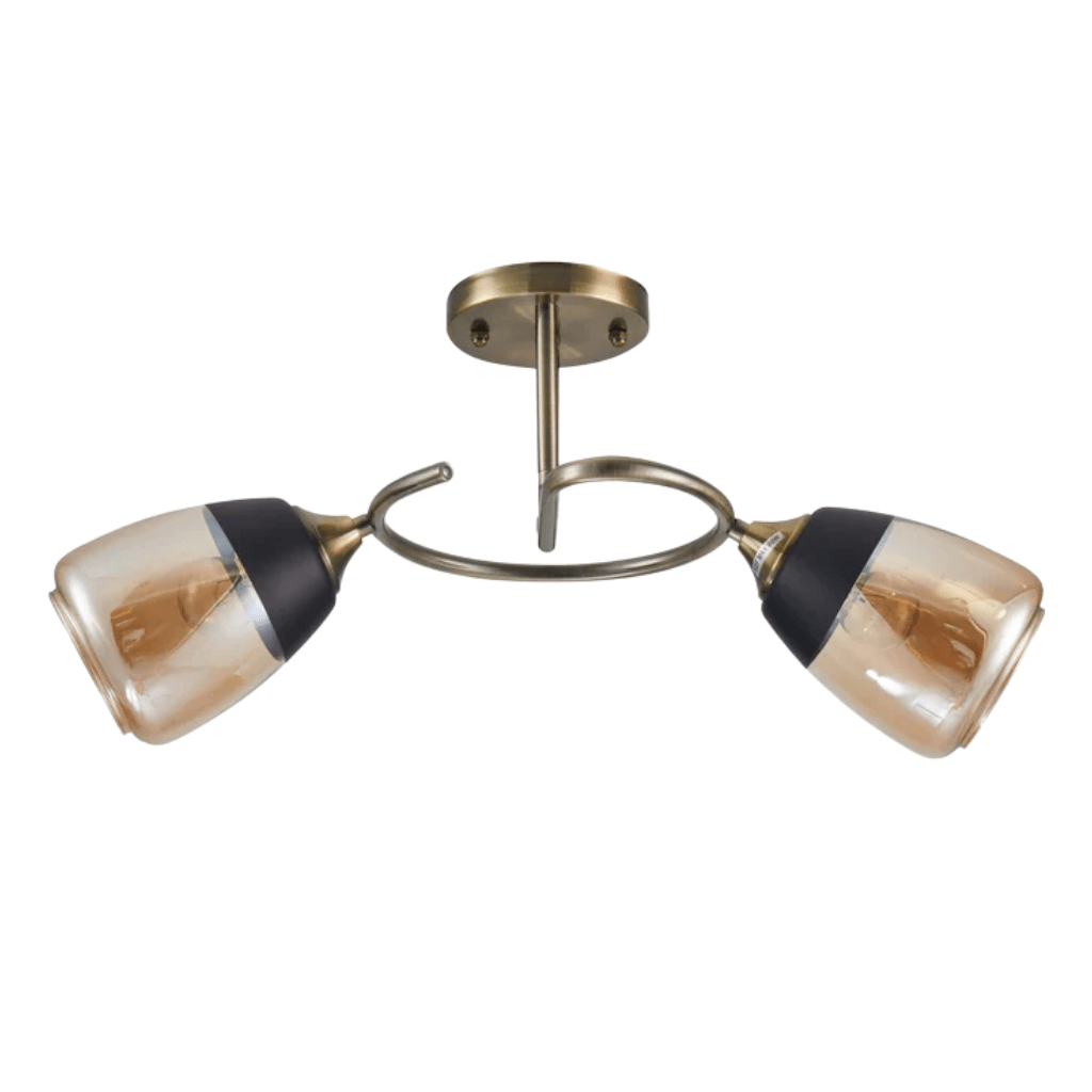 TKLD Ceiling Lights Amber 2 Lamps Black Bell Glass Antique Brass Metal Spiral Semi Flush Ceiling Light