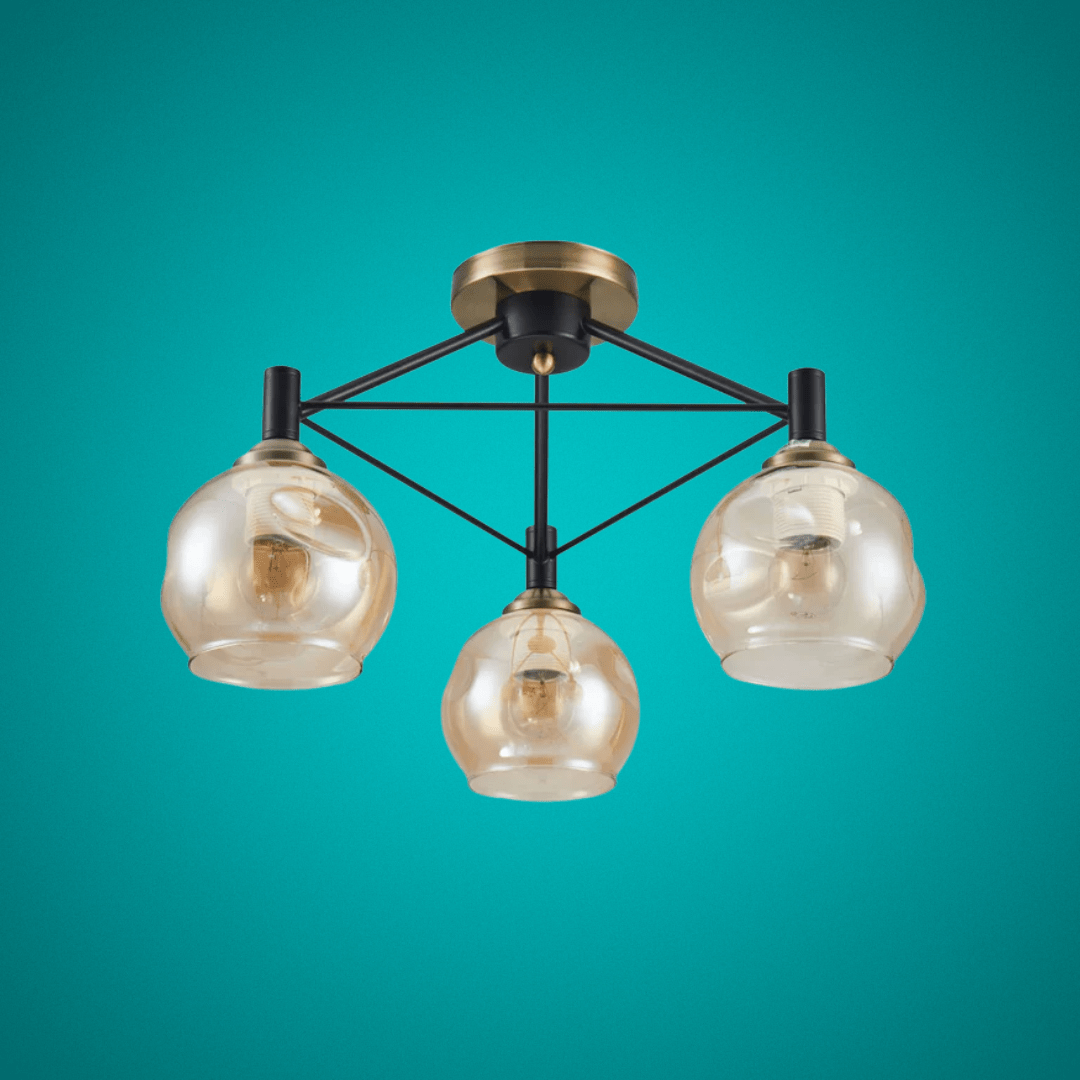 TKLD Ceiling Lights Amber 3 Lamp Dimpled Bell Glass Black Metal Semi Flush Ceiling Light - 60W