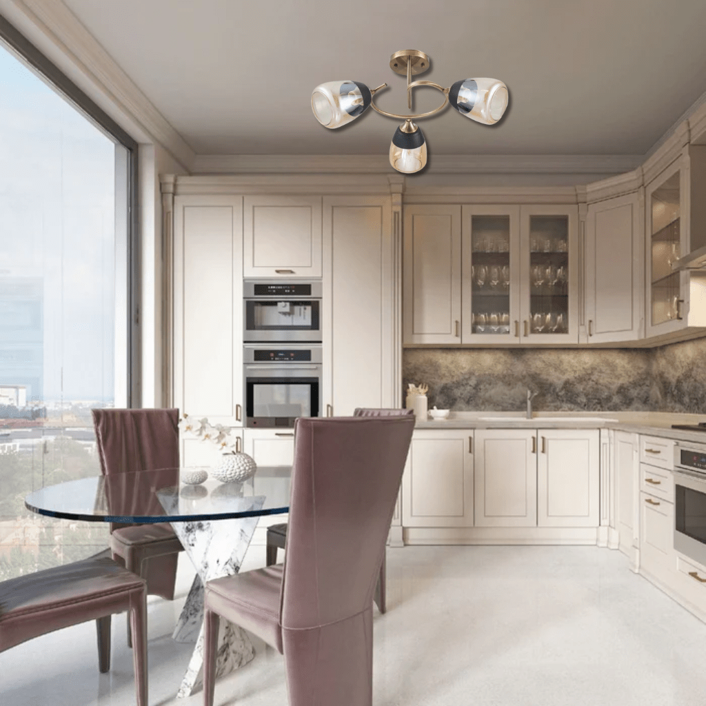 TKLD Ceiling Lights Amber 3 Lamps Black Bell Glass Antique Brass Metal Spiral Semi Flush Ceiling Light