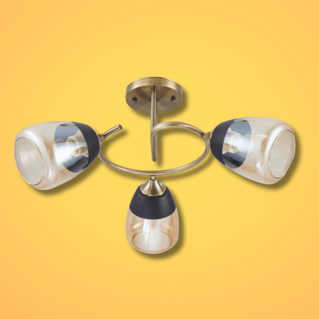 TKLD Ceiling Lights Amber 3 Lamps Black Bell Glass Antique Brass Metal Spiral Semi Flush Ceiling Light