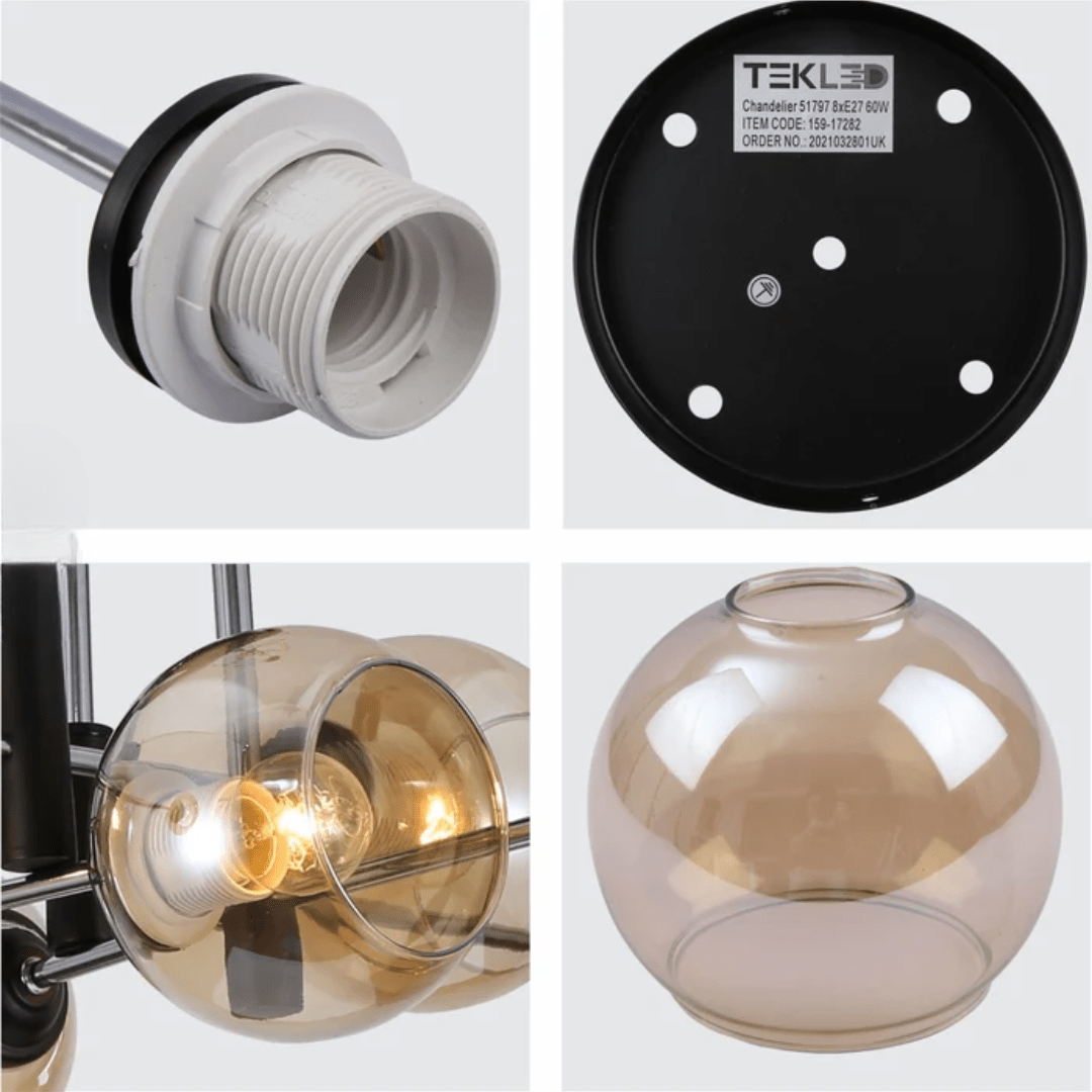 TKLD Ceiling Lights Amber 4 Lamp Glass Globe Chrome and Black Metal Semi Flush Ceiling Light - 60W