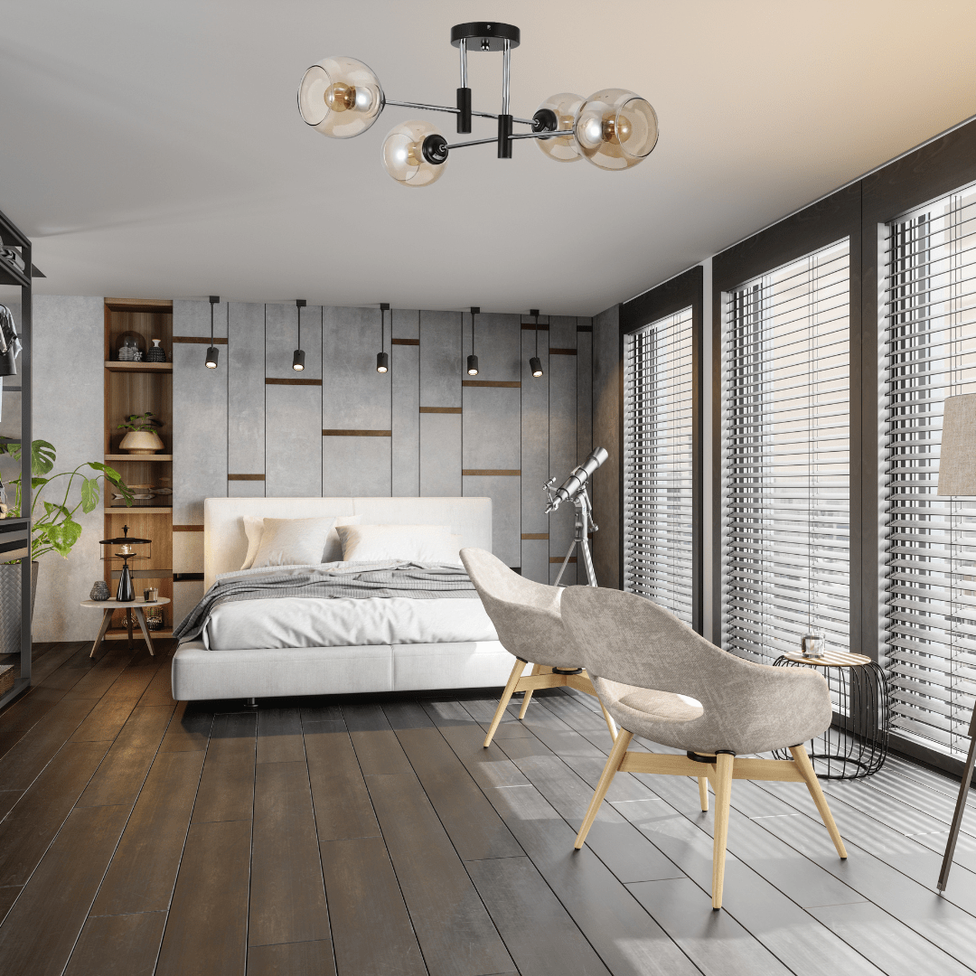 TKLD Ceiling Lights Amber 4 Lamp Glass Globe Chrome and Black Metal Semi Flush Ceiling Light - 60W