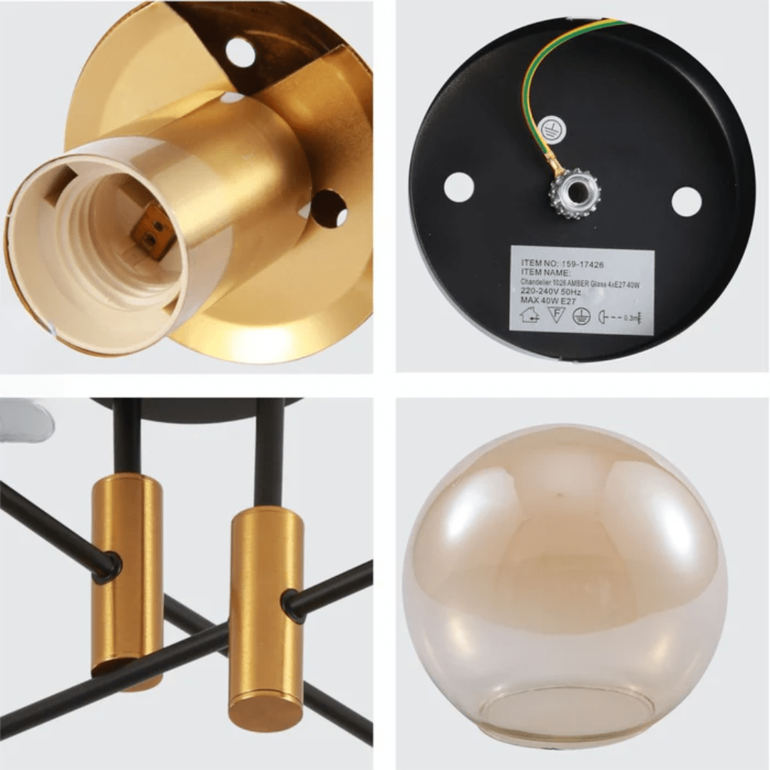TKLD Ceiling Lights Amber 4 Lamp Glass Globe Gold and Black Metal Semi Flush Ceiling Light - 40W