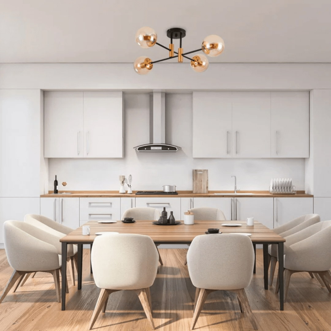 TKLD Ceiling Lights Amber 4 Lamp Glass Globe Gold and Black Metal Semi Flush Ceiling Light - 40W