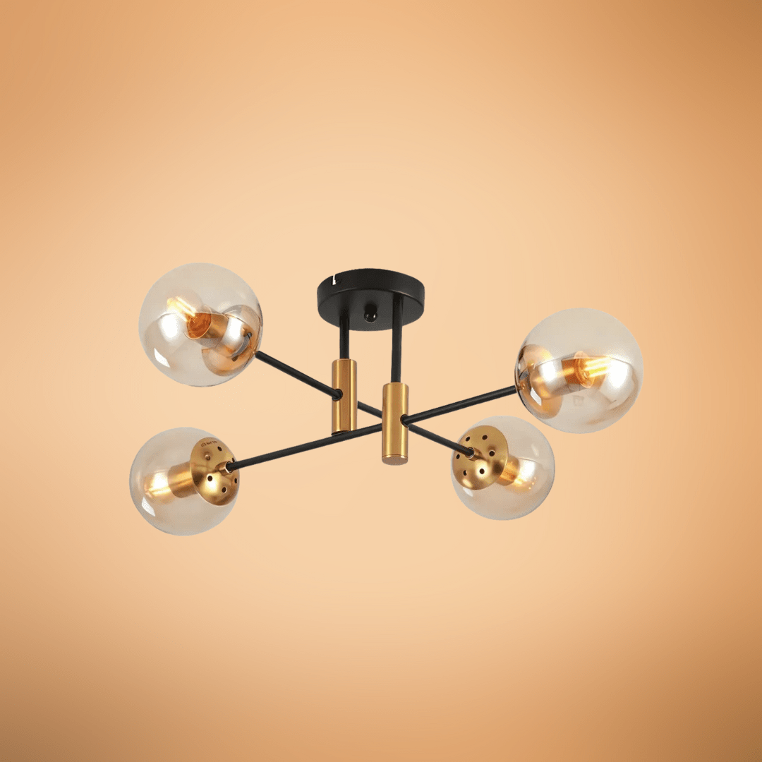 TKLD Ceiling Lights Amber 4 Lamp Glass Globe Gold and Black Metal Semi Flush Ceiling Light - 40W