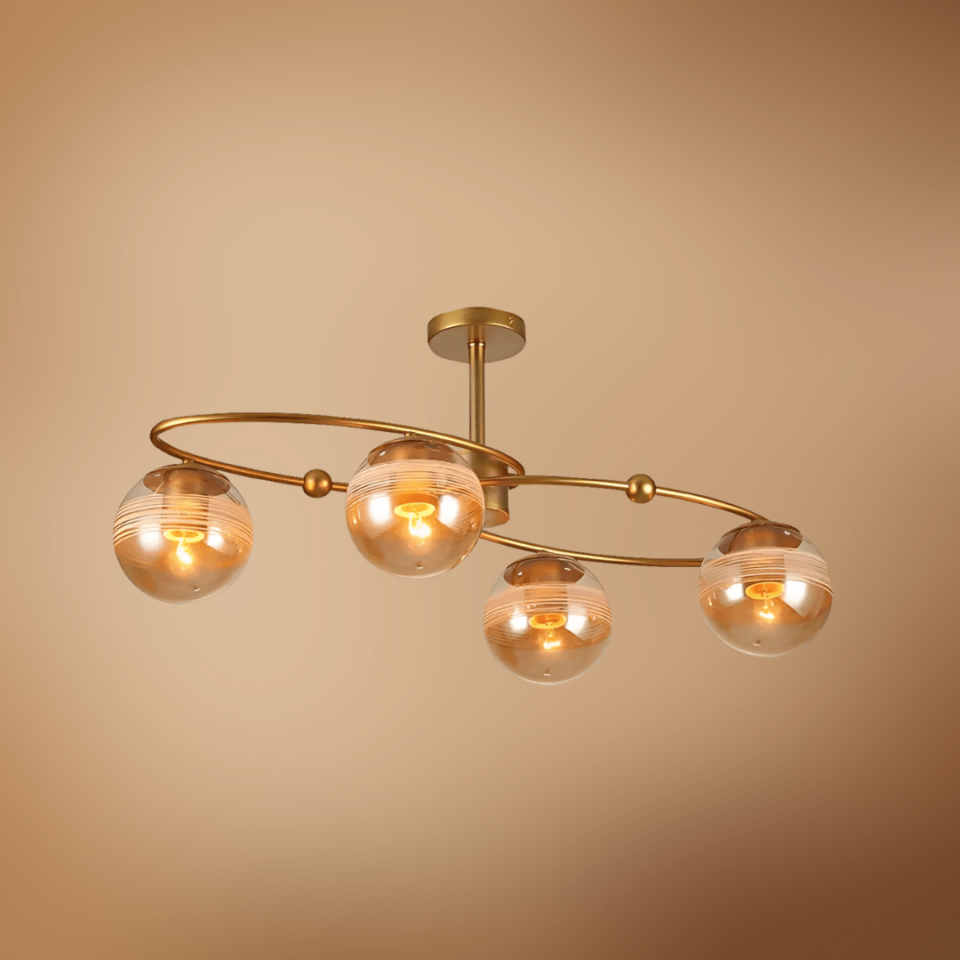 TKLD Ceiling Lights Amber 4 Rounded Globe Glass Gold Ellipse Metal Body Semi Flush Ceiling Light - 40W