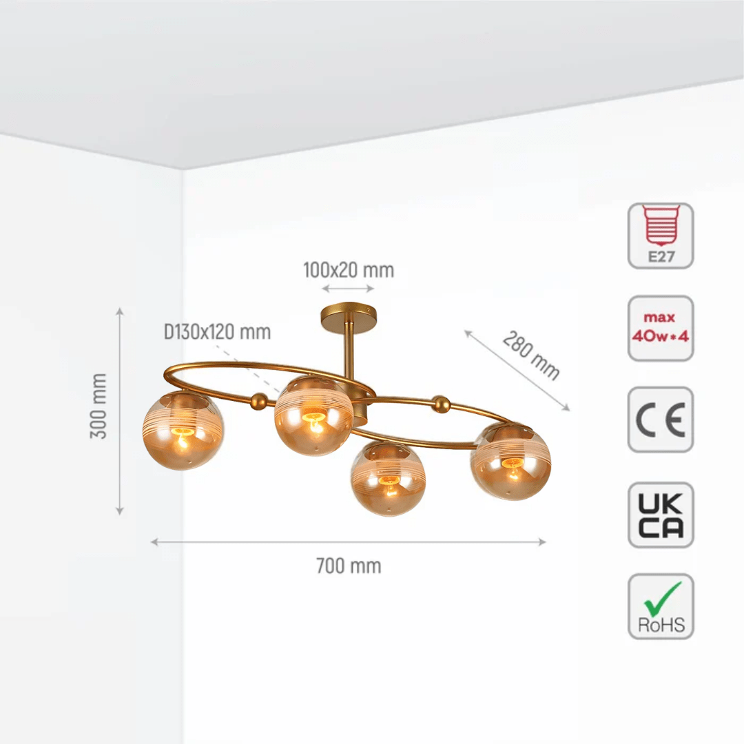 TKLD Ceiling Lights Amber 4 Rounded Globe Glass Gold Ellipse Metal Body Semi Flush Ceiling Light - 40W