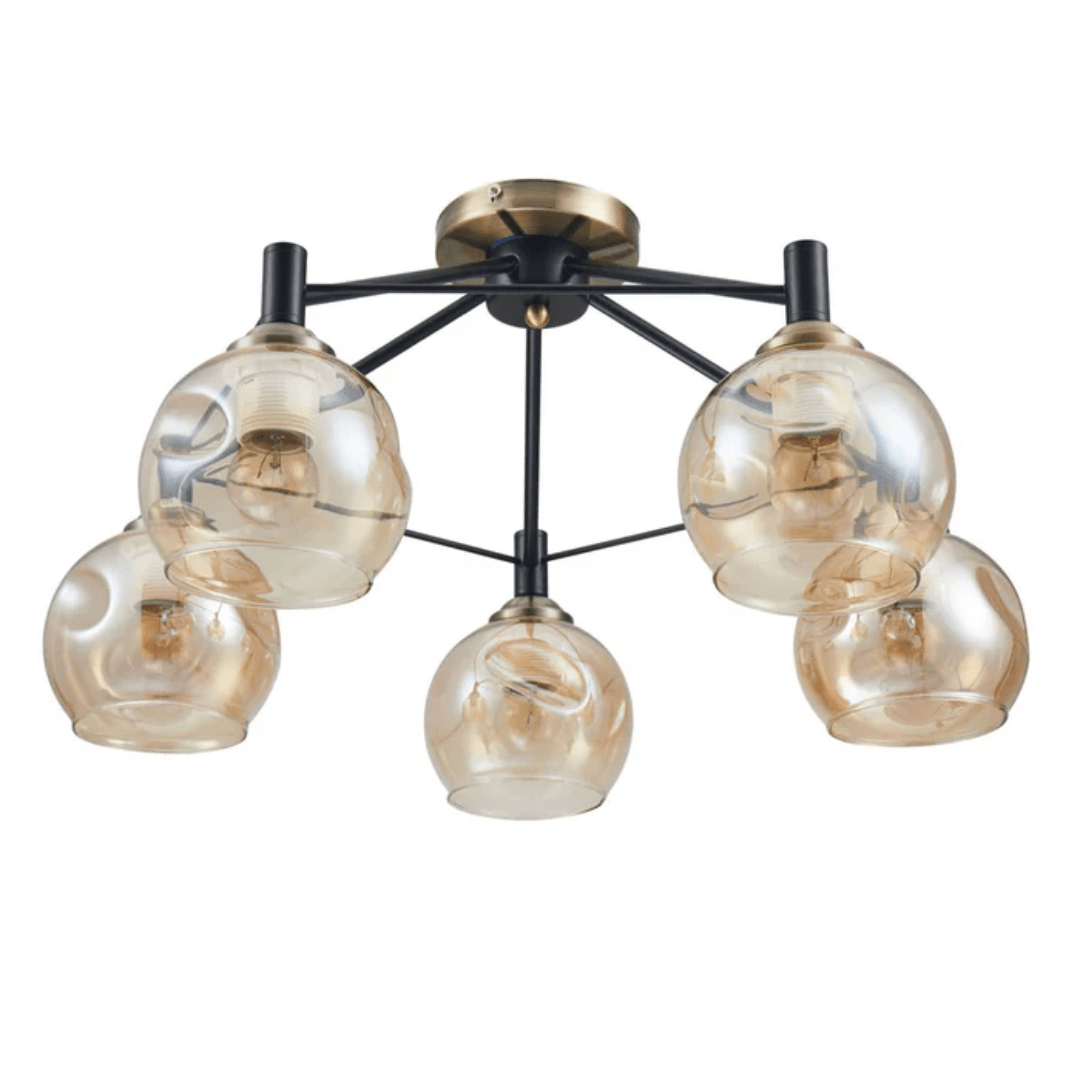 TKLD Ceiling Lights Amber 5 Lamp Dimpled Bell Glass Black Metal Semi Flush Ceiling Light - 60W