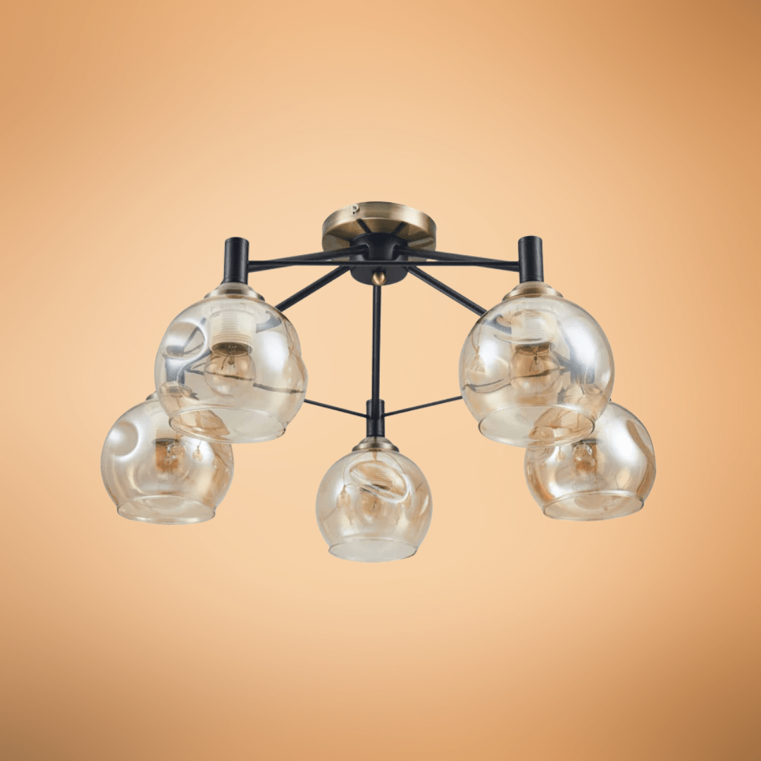 TKLD Ceiling Lights Amber 5 Lamp Dimpled Bell Glass Black Metal Semi Flush Ceiling Light - 60W