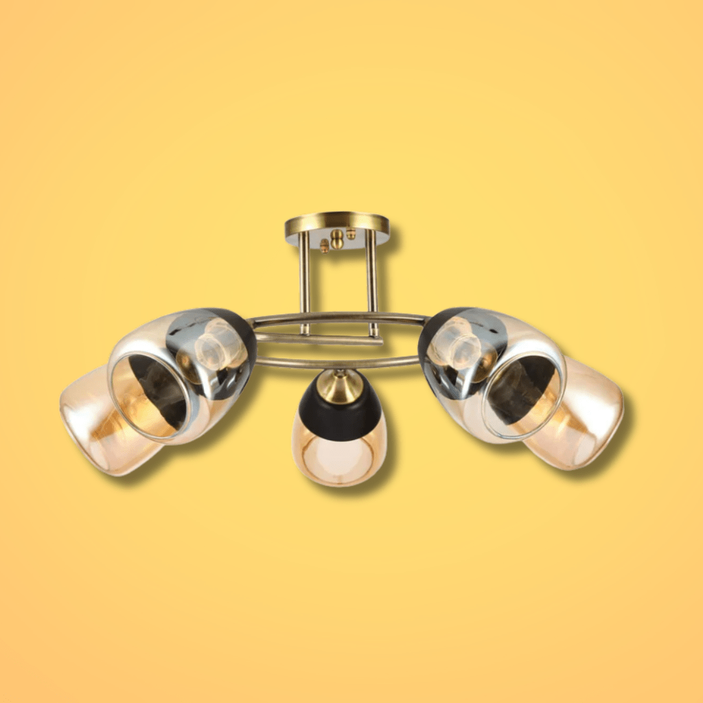 TKLD Ceiling Lights Amber 5 Lamps Black Bell Glass Antique Brass Metal Spiral Semi Flush Ceiling Light