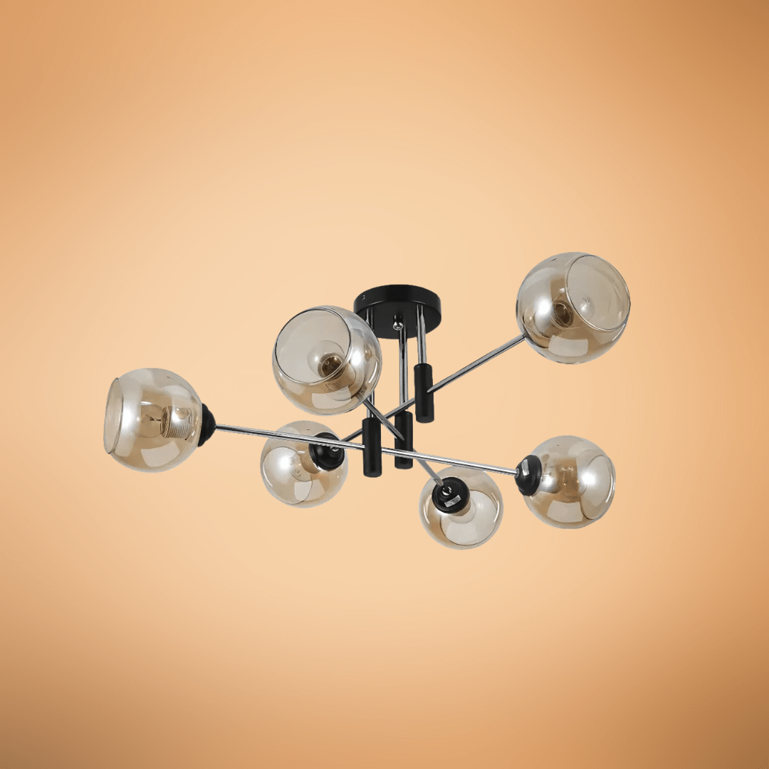 TKLD Ceiling Lights Amber 6 Lamp Glass Globe Chrome and Black Metal Semi Flush Ceiling Light - 60W
