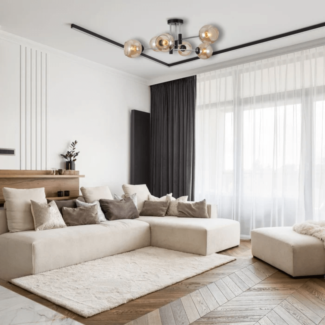 TKLD Ceiling Lights Amber 6 Lamp Glass Globe Chrome and Black Metal Semi Flush Ceiling Light - 60W