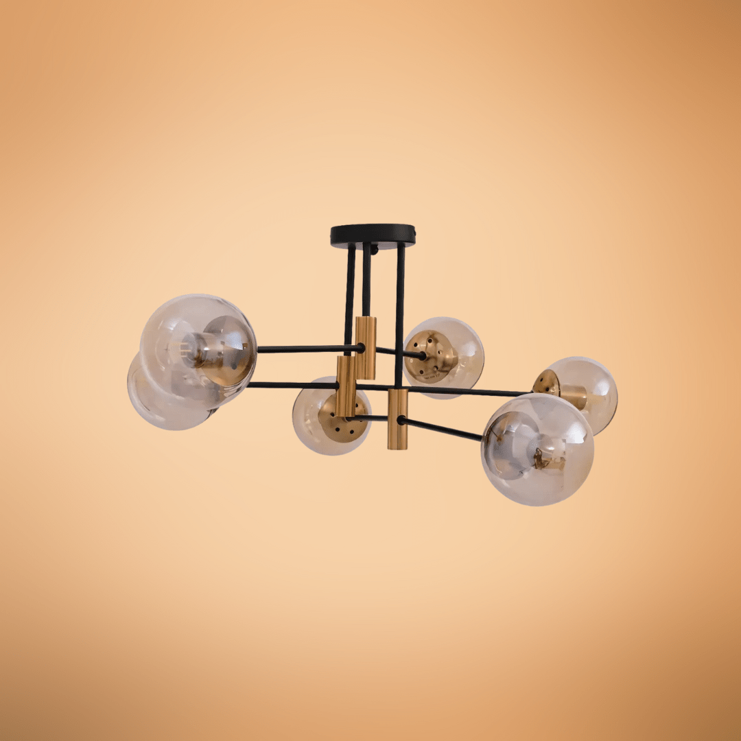 TKLD Ceiling Lights Amber 6 Lamp Glass Globe Gold and Black Metal Semi Flush Ceiling Light - 40W