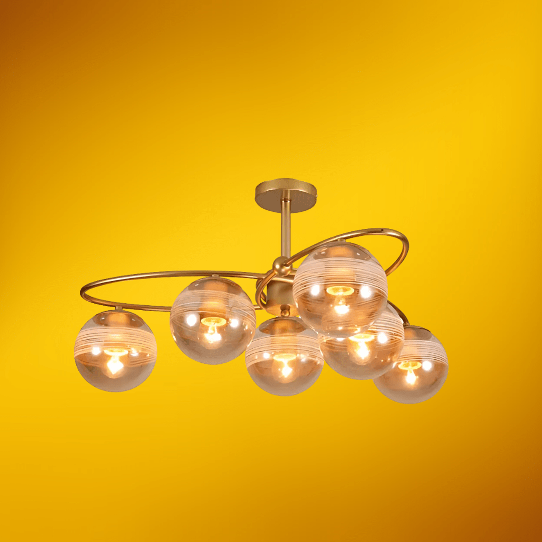 TKLD Ceiling Lights Amber 6 Rounded Globe Glass Gold Ellipse Metal Body Semi Flush Ceiling Light - 40W