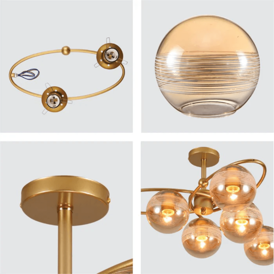 TKLD Ceiling Lights Amber 6 Rounded Globe Glass Gold Ellipse Metal Body Semi Flush Ceiling Light - 40W