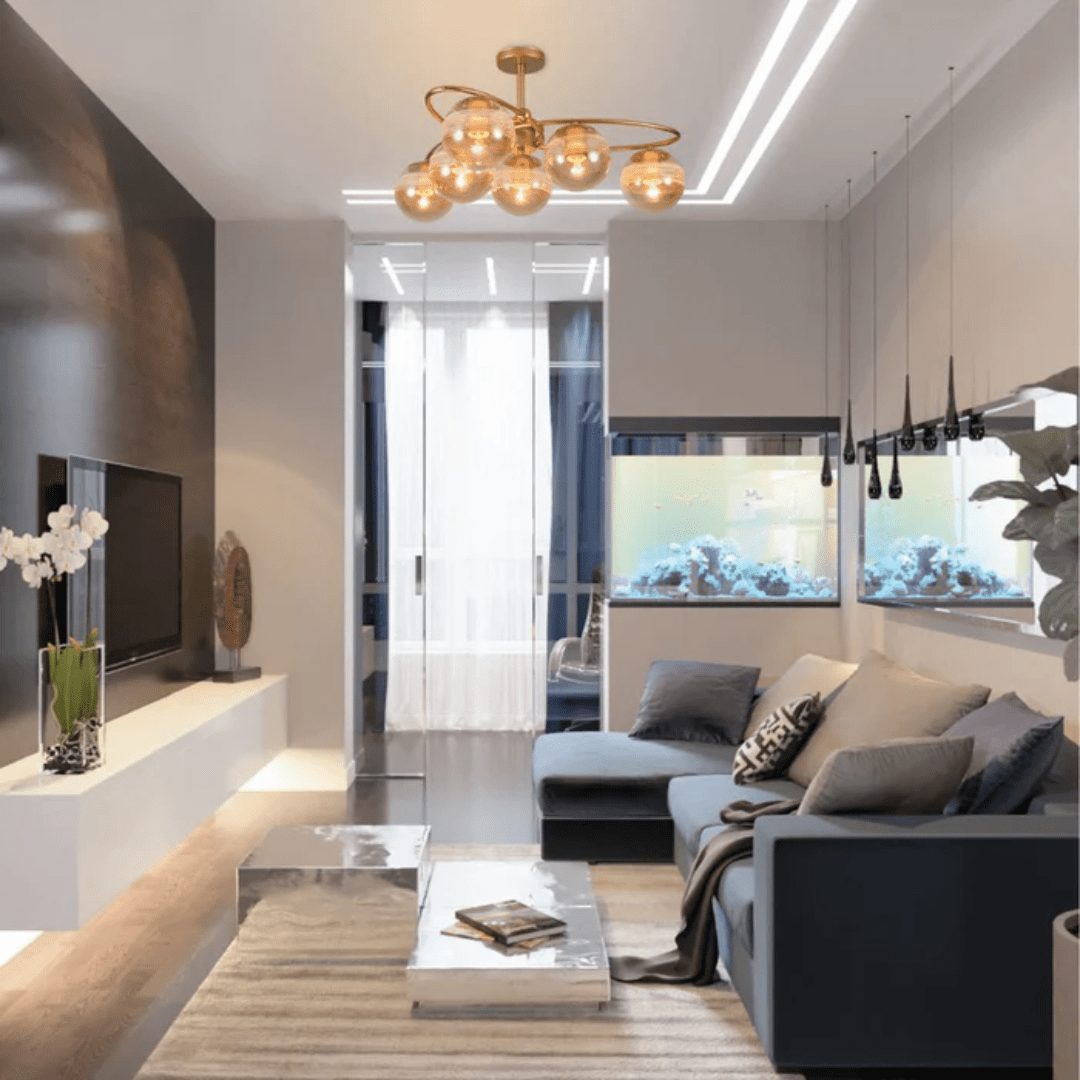 TKLD Ceiling Lights Amber 6 Rounded Globe Glass Gold Ellipse Metal Body Semi Flush Ceiling Light - 40W