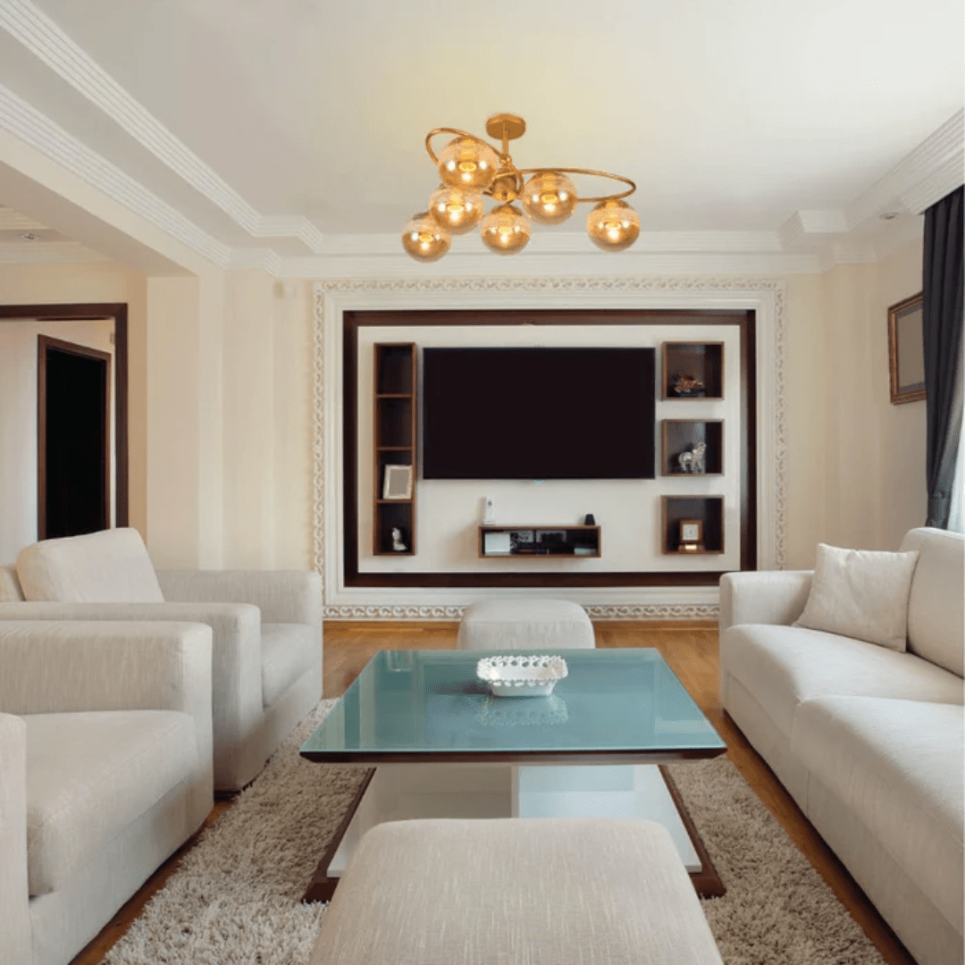 TKLD Ceiling Lights Amber 6 Rounded Globe Glass Gold Ellipse Metal Body Semi Flush Ceiling Light - 40W