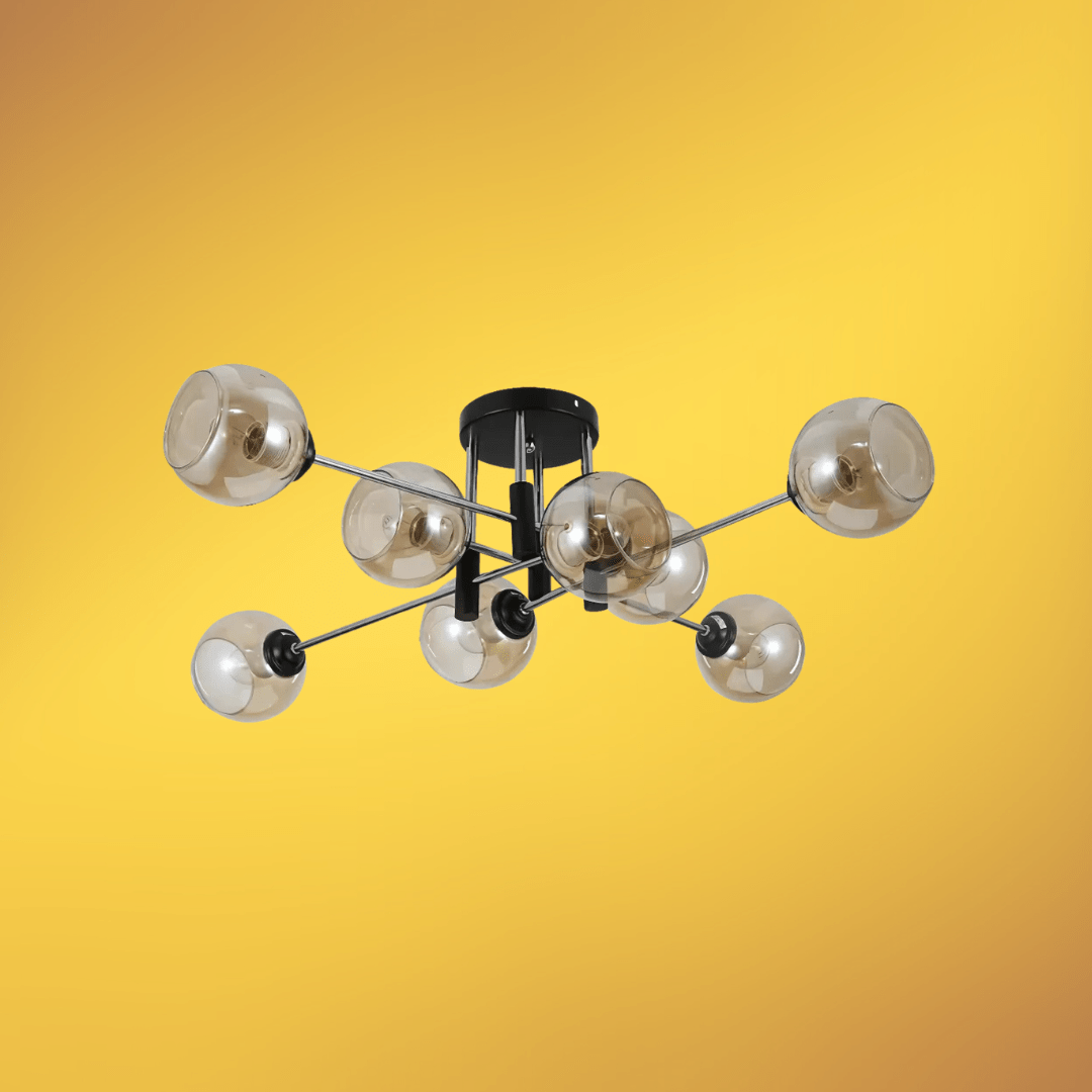 TKLD Ceiling Lights Amber 8 Lamp Glass Globe Chrome and Black Metal Semi Flush Ceiling Light - 60W