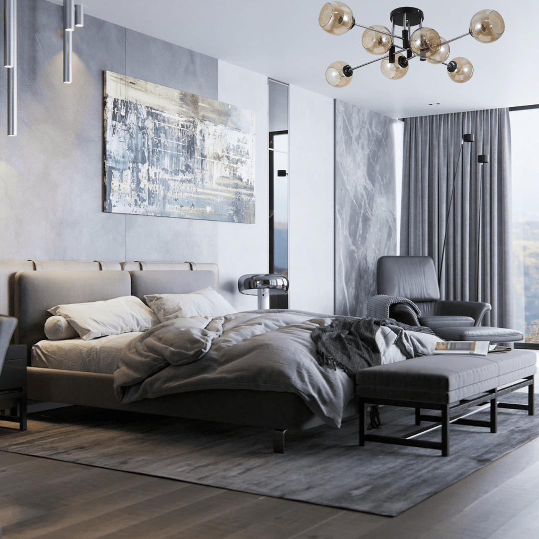 TKLD Ceiling Lights Amber 8 Lamp Glass Globe Chrome and Black Metal Semi Flush Ceiling Light - 60W