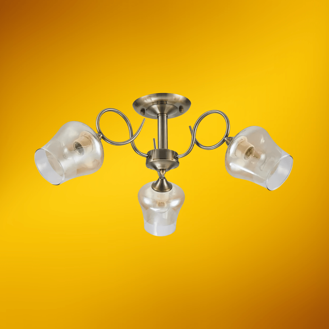 TKLD Ceiling Lights Amber Bell 3 Lamp Glass Antique Brass Metal Semi Flush Ceiling Light - 40W