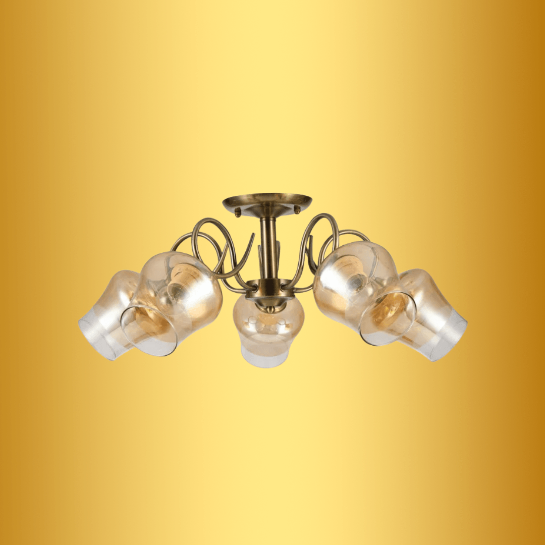 TKLD Ceiling Lights Amber Bell 5 Lamp Glass Antique Brass Metal Semi Flush Ceiling Light - 40W
