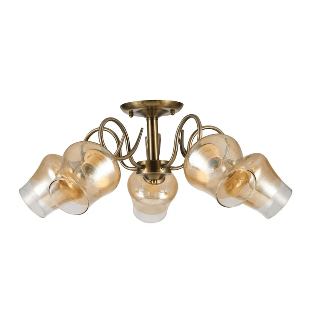 TKLD Ceiling Lights Amber Bell 5 Lamp Glass Antique Brass Metal Semi Flush Ceiling Light - 40W