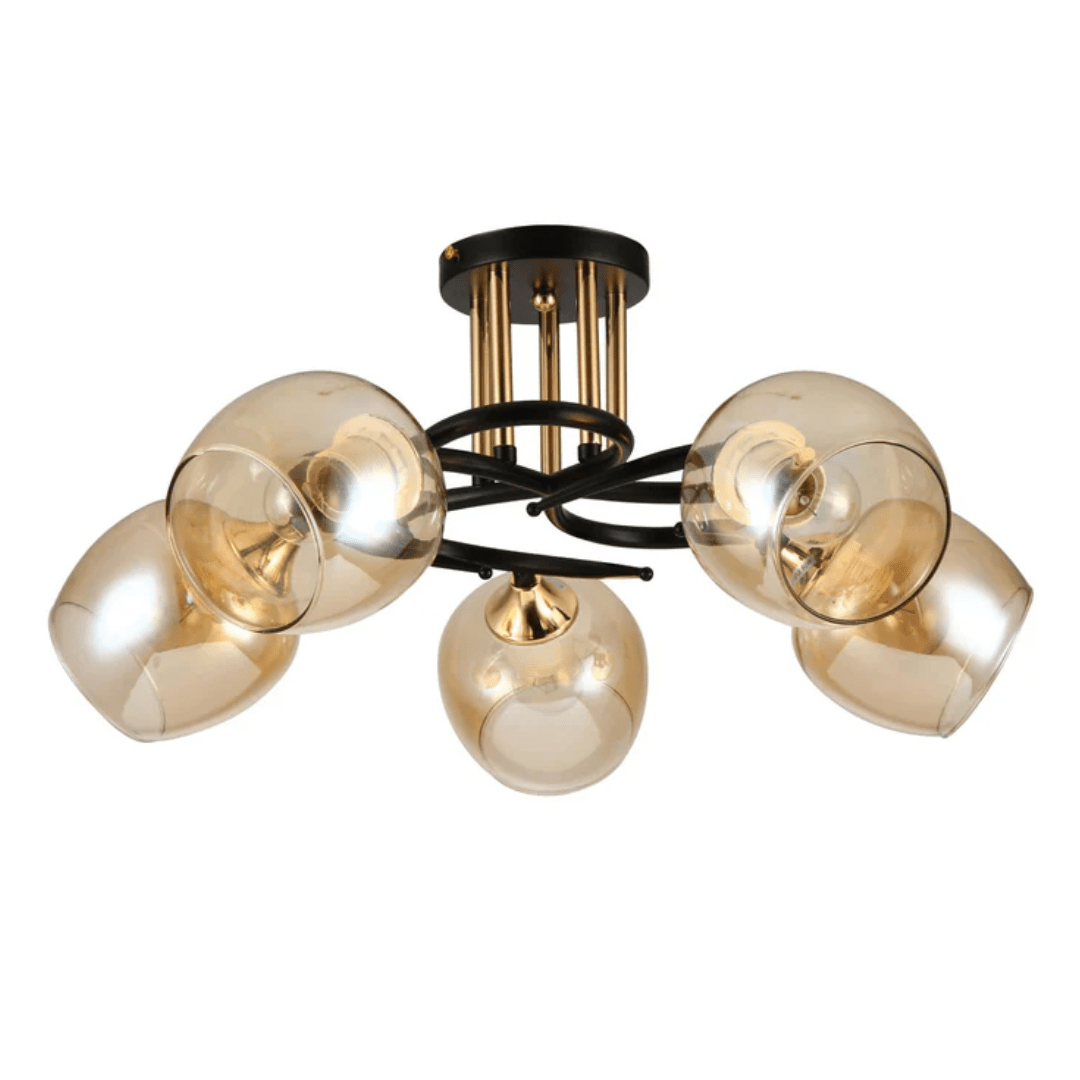 TKLD Pendant & Chandeliers Amber Bell 5 Lamp Glass Black Gold Metal Semi Flush Ceiling Light - 60W