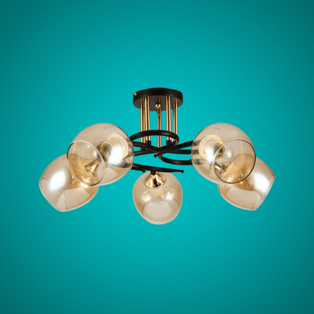 TKLD Pendant & Chandeliers Amber Bell 5 Lamp Glass Black Gold Metal Semi Flush Ceiling Light - 60W