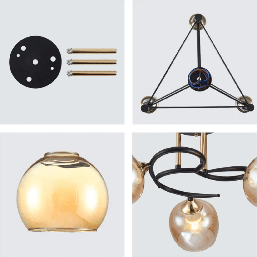TKLD Pendant & Chandeliers Amber Bell 5 Lamp Glass Black Gold Metal Semi Flush Ceiling Light - 60W