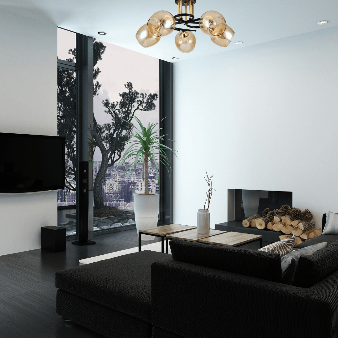 TKLD Pendant & Chandeliers Amber Bell 5 Lamp Glass Black Gold Metal Semi Flush Ceiling Light - 60W