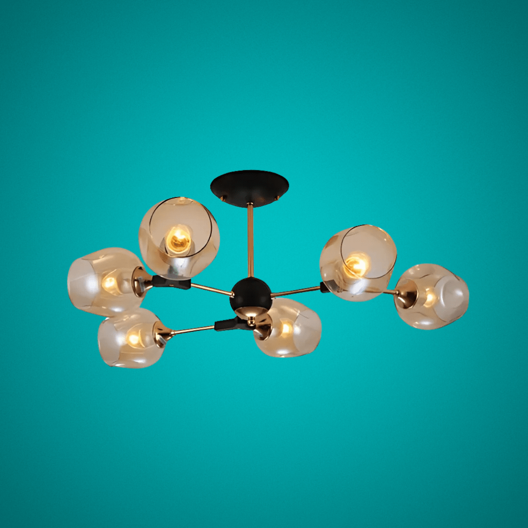 TKLD Pendant & Chandeliers Amber Bell 6 Lamp Glass Sputnik Gold Semi Flush Ceiling Light - 40W