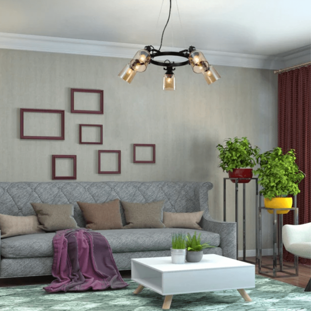 TKLD Pendant & Chandeliers Amber Cone Glass Black Suspended E27 Ceiling Light - 5 Lamps