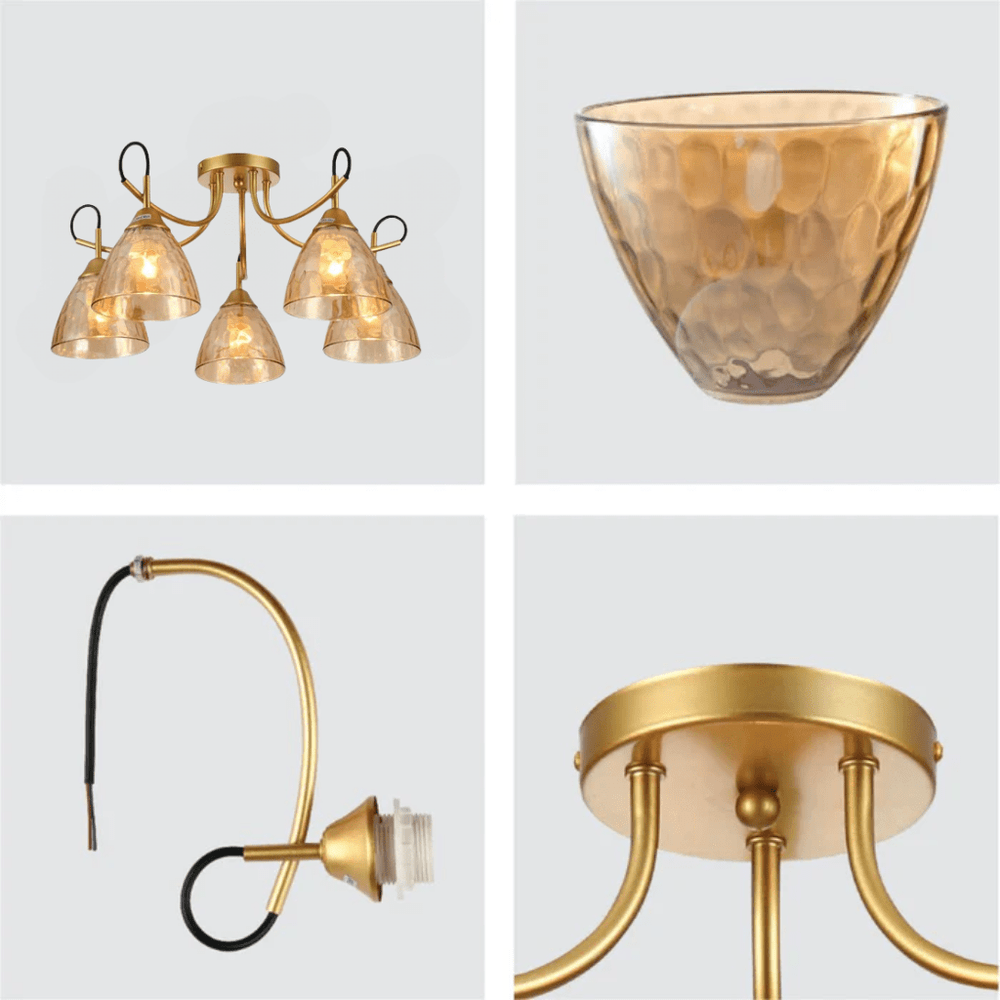 TKLD Ceiling Lights Amber Cone Glass Gold Semi Flush Ceiling Light E27 - 5 Lamps