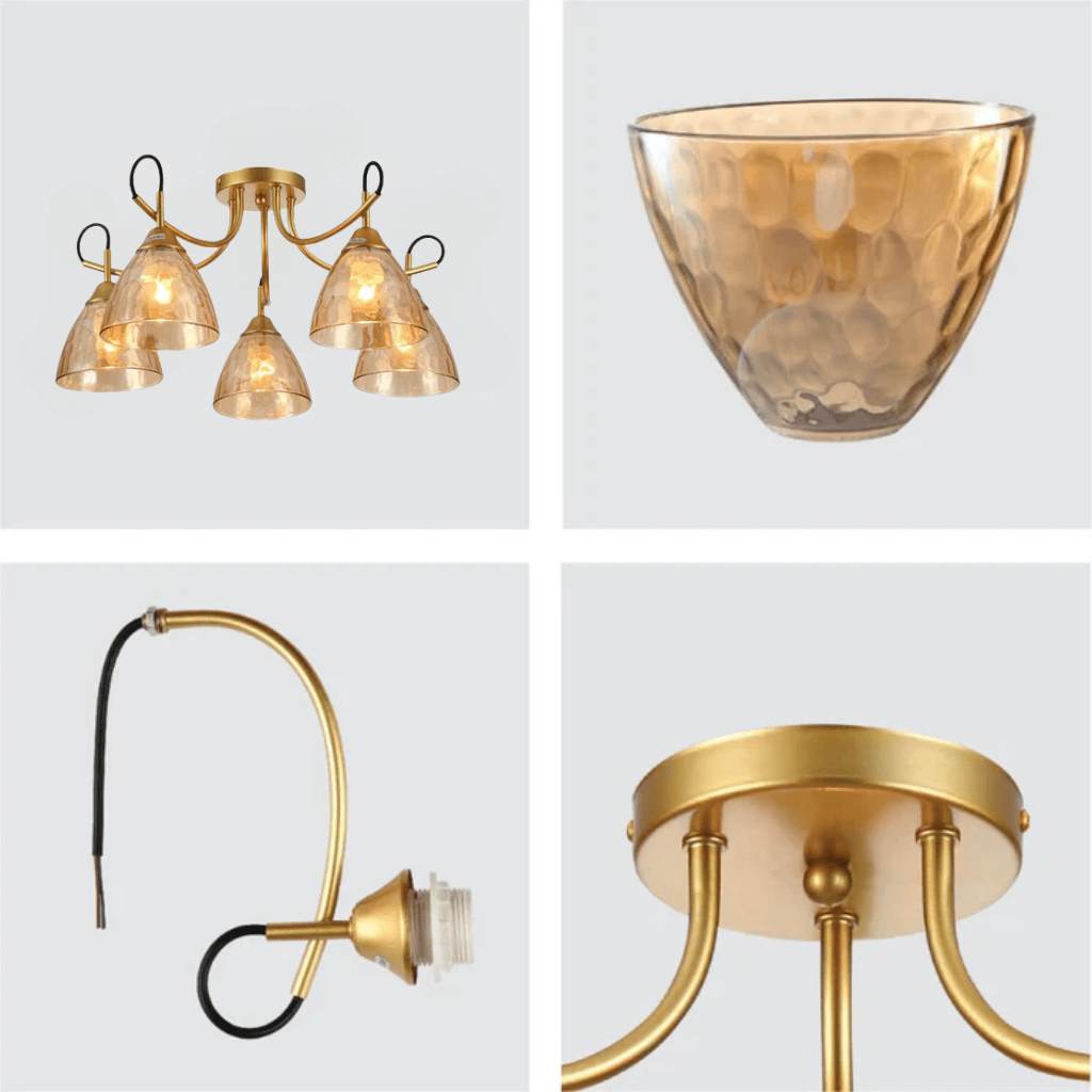TKLD Ceiling Lights Amber Cone Glass Gold Semi Flush Ceiling Light E27 - 5 Lamps