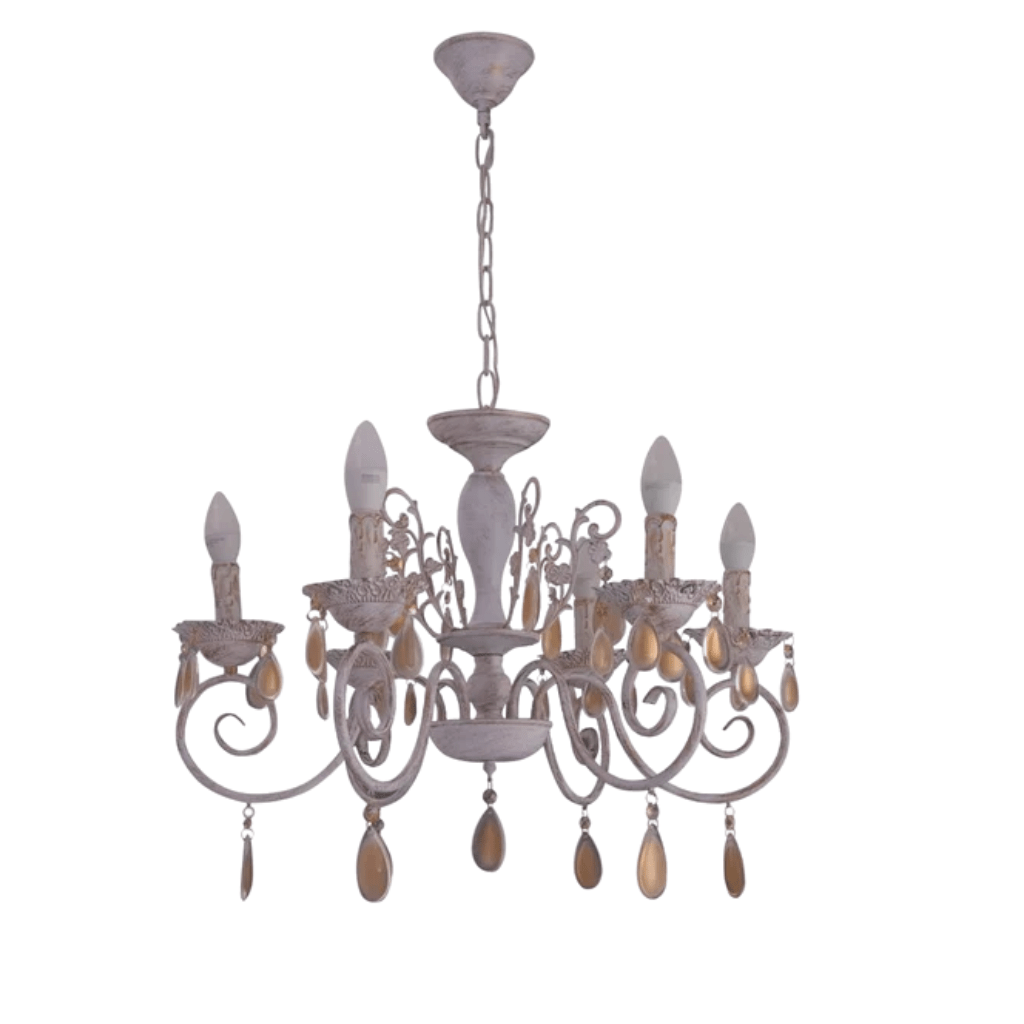 TKLD Pendant & Chandeliers Amber Crystals Rice White with Gold Brushed Metal Arm E14 Ceiling Chandelier Light - 6 Candles
